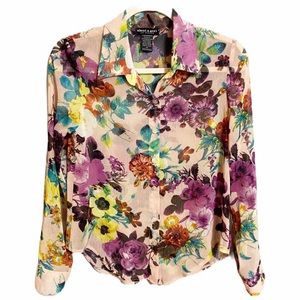About A Girl Floral Button-Down Shirt in Cream with Purple, Yellow & Teal